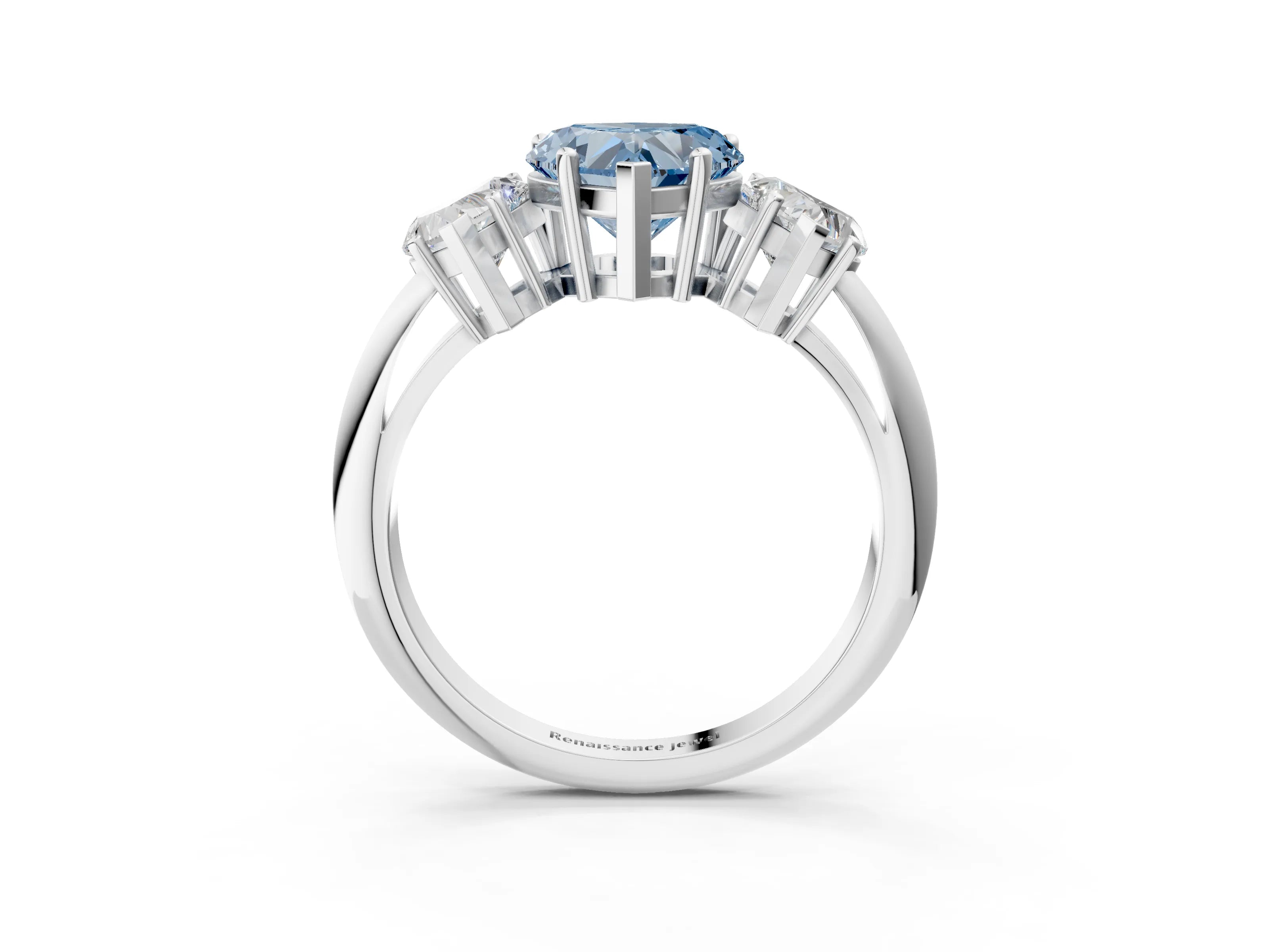 White gold Three-Stone Fancy Blue Heart Cut Cut Diamond Engagement Ring with Prong Setting on a White Gold Band_15