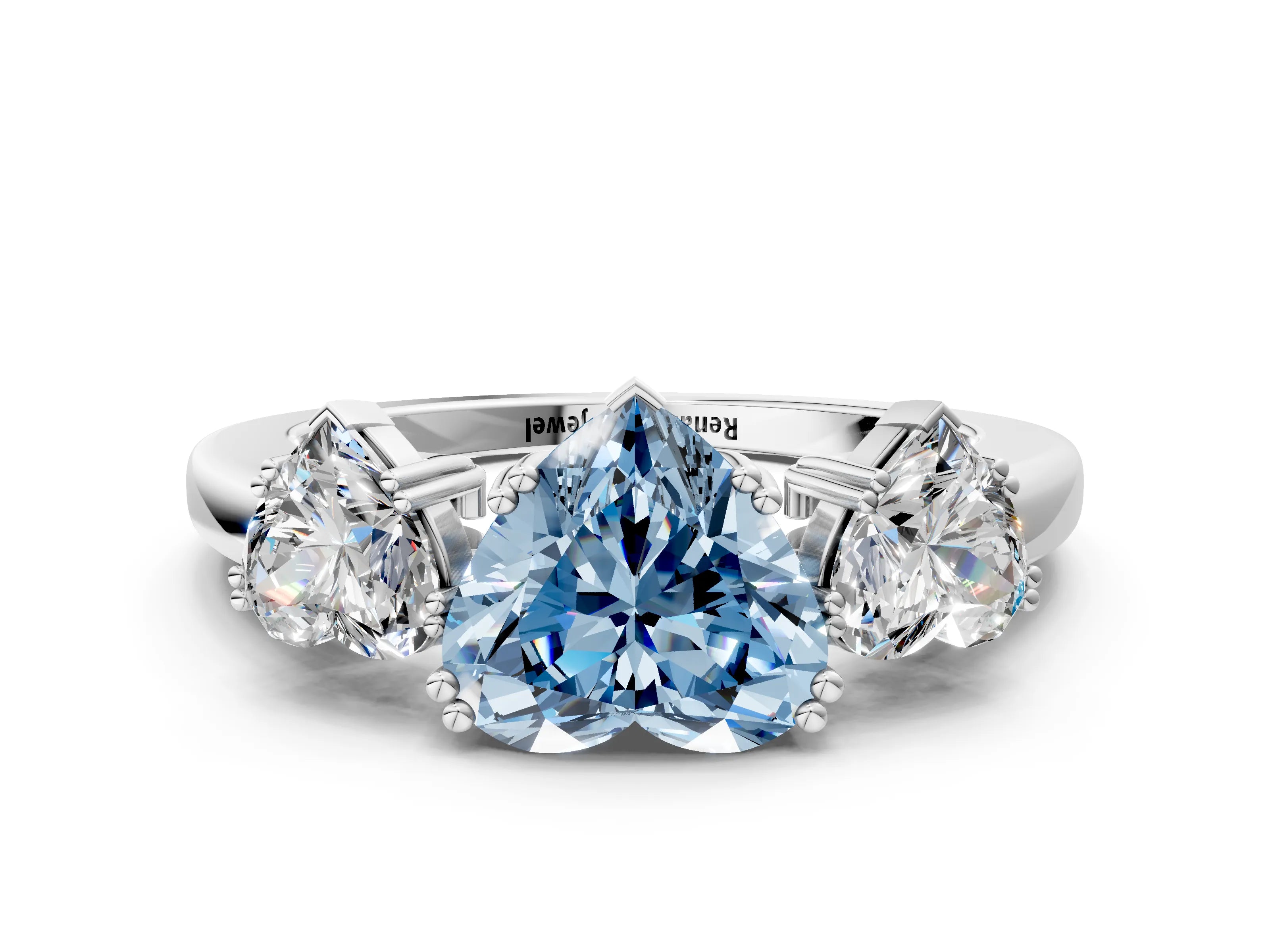 White gold Three-Stone Fancy Blue Heart Cut Cut Diamond Ring with Channel Set Band and Four-Prong Setting