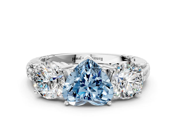 Platinum Heart-Shaped Three-Stone Engagement Ring Setting for Fancy Blue Center with Engraved Band