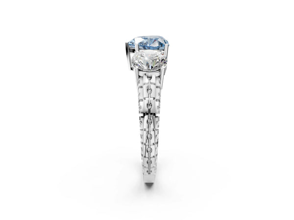 White Gold Heart-Shaped Three-Stone Engagement Ring Setting for Fancy Blue Center with Engraved Band
