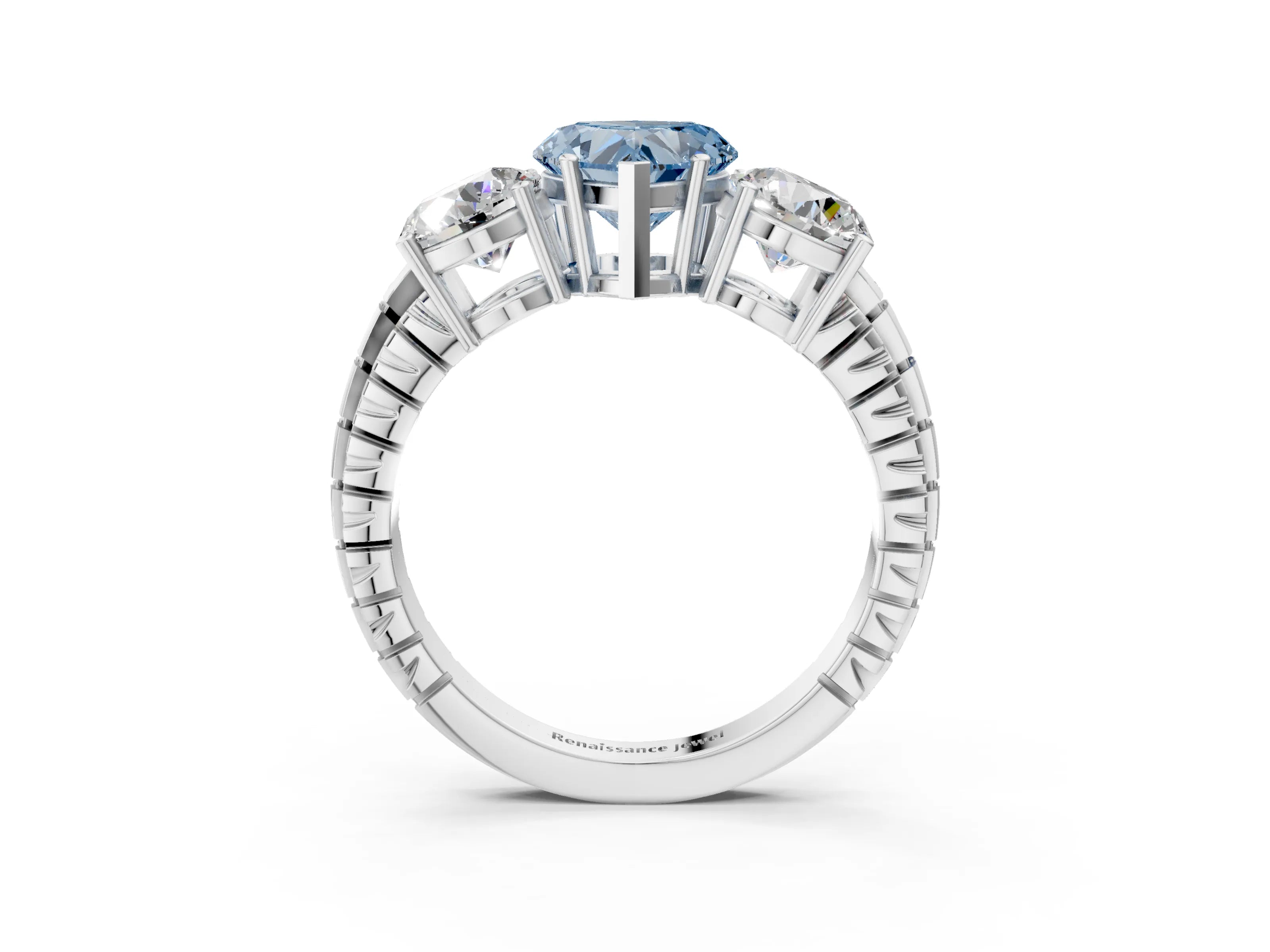 White gold Three-Stone Fancy Blue Heart Cut Cut Diamond Ring with Channel-Set Band and Prong Setting_3