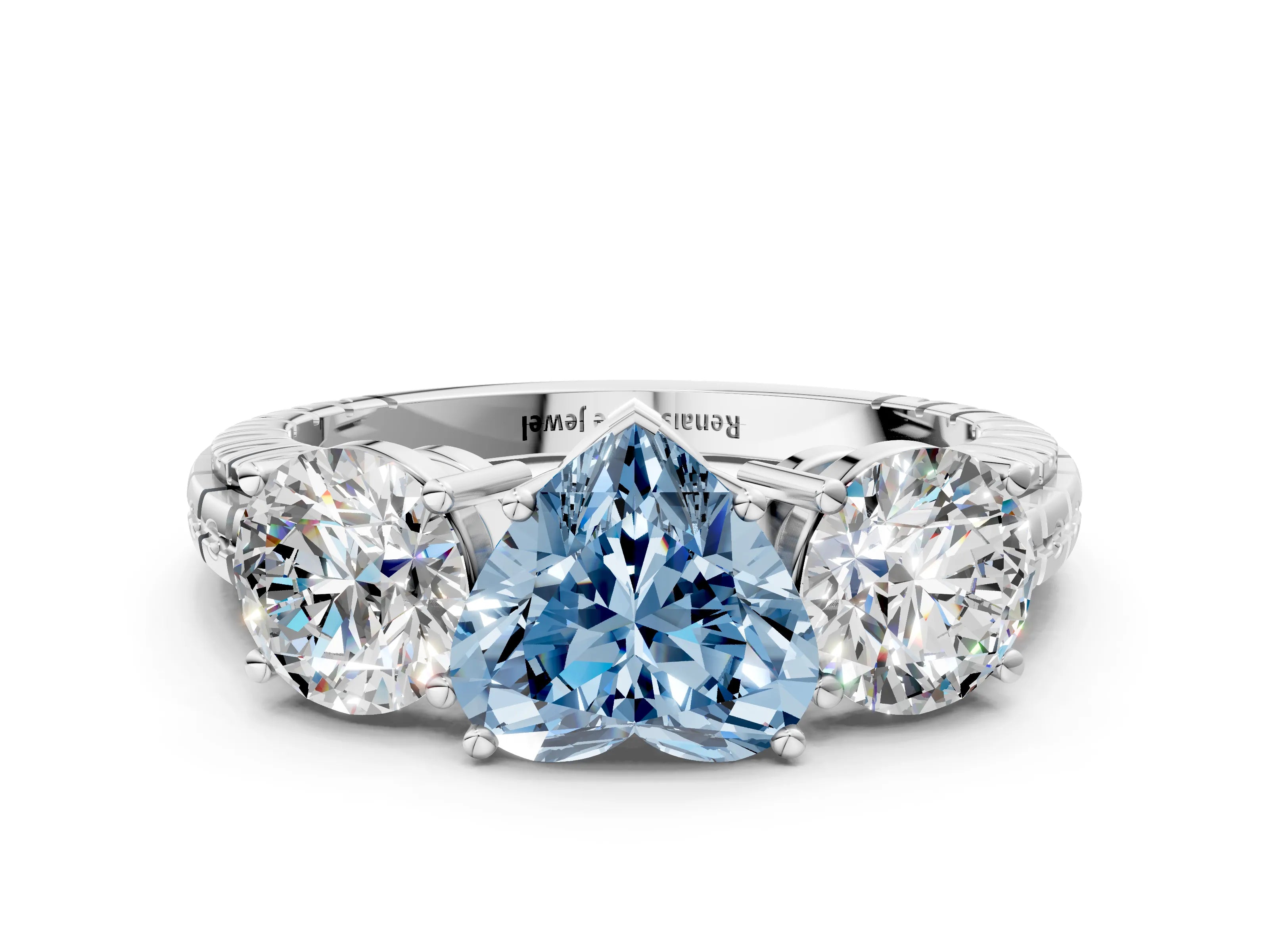White gold Three-Stone Fancy Blue Heart Cut Cut Diamond Ring with Channel-Set Band and Prong Setting