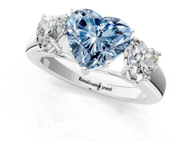 White gold Three-Stone Fancy Blue Heart Cut Cut Diamond Ring with Prong Setting and Classic Band