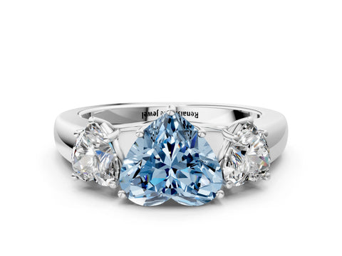 White gold Three-Stone Fancy Blue Heart Cut Cut Diamond Ring with Prong Setting and Classic Band