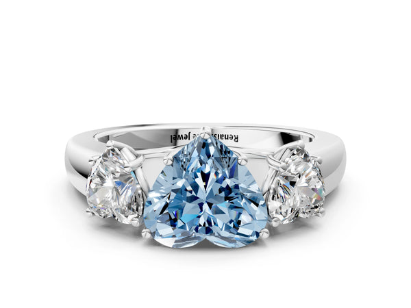 White gold Three-Stone Fancy Blue Heart Cut Cut Diamond Ring with Prong Setting and Classic Band