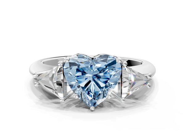 White gold Three-Stone Fancy Blue Heart Cut Cut Diamond Ring with Trillion Side Stones and Four-Prong Setting