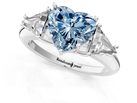 White gold Three-Stone Fancy Blue Heart Cut Cut Diamond Ring with Trillion Side Stones and Four-Prong Setting_12