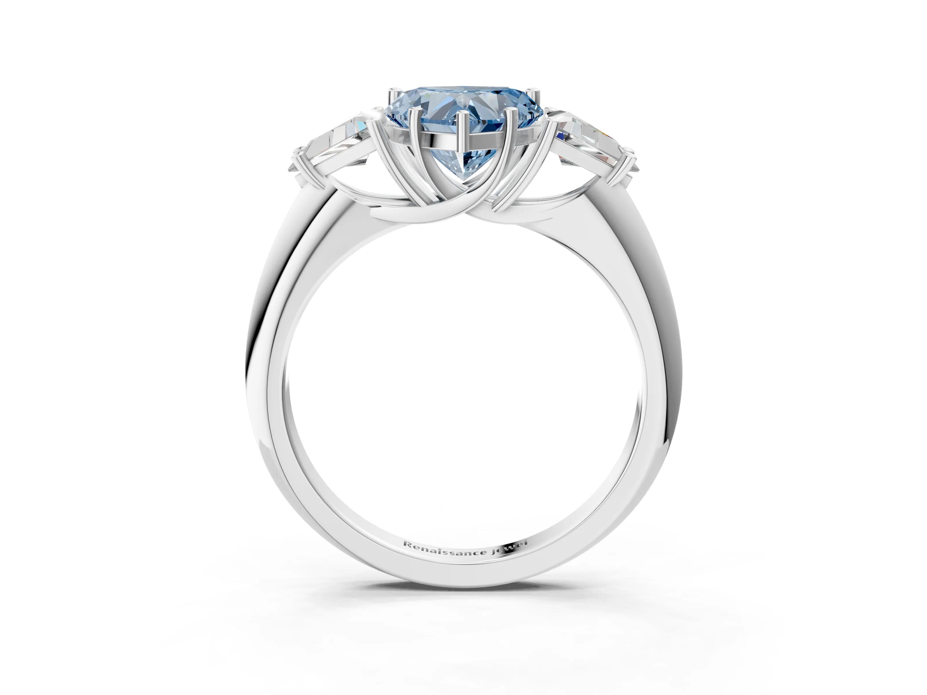 White gold Three-Stone Fancy Blue Heart Cut Cut Diamond Ring with Trillion Side Stones and Four-Prong Setting_14
