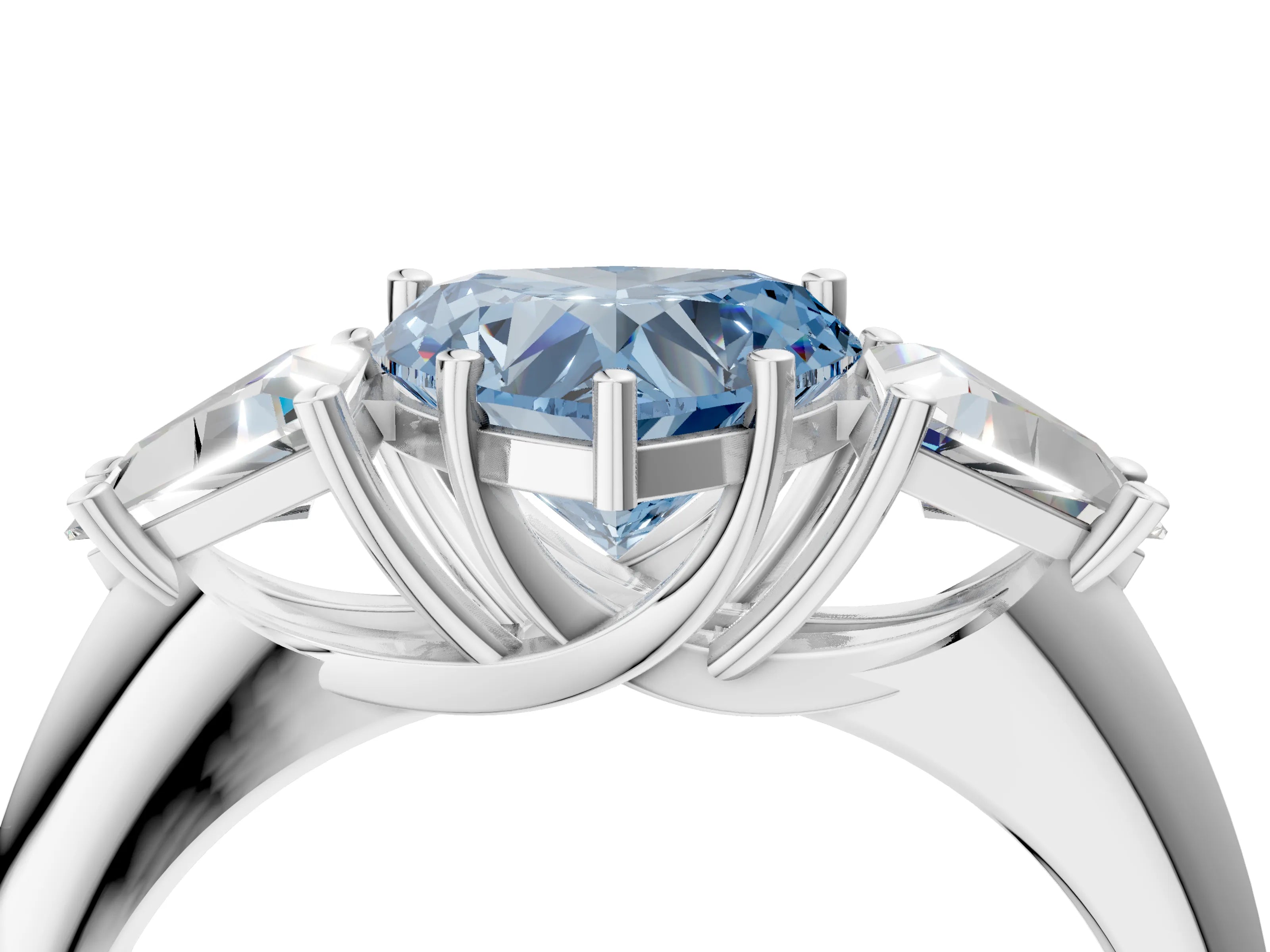White gold Three-Stone Fancy Blue Heart Cut Cut Diamond Ring with Trillion Side Stones and Four-Prong Setting_15