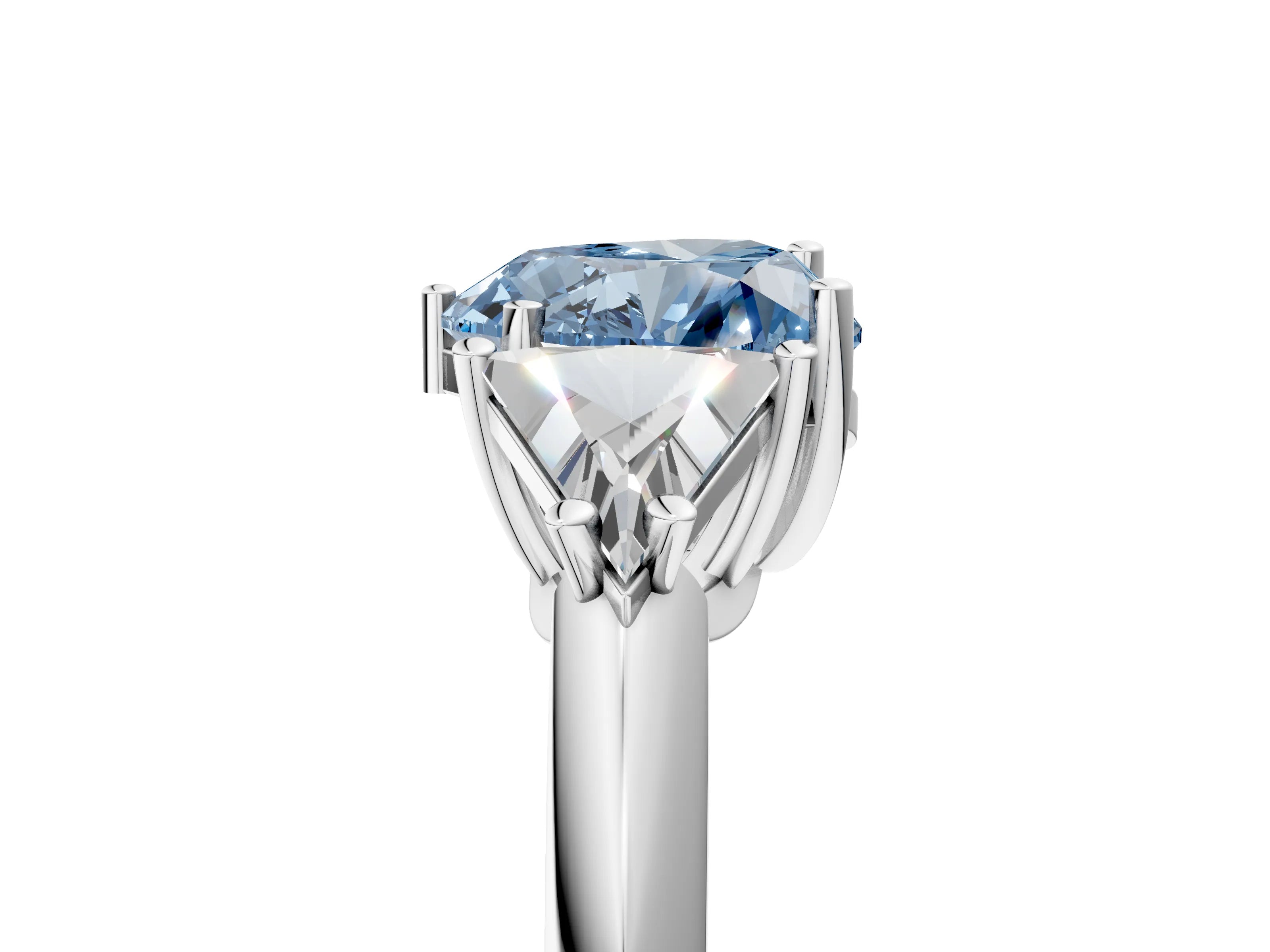 White gold Three-Stone Fancy Blue Heart Cut Cut Diamond Ring with Trillion Side Stones and Four-Prong Setting_16