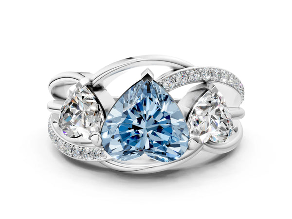 Platinum Three-Stone Fancy Blue Heart Cut Cut Diamond Split Shank Prong Set Ring