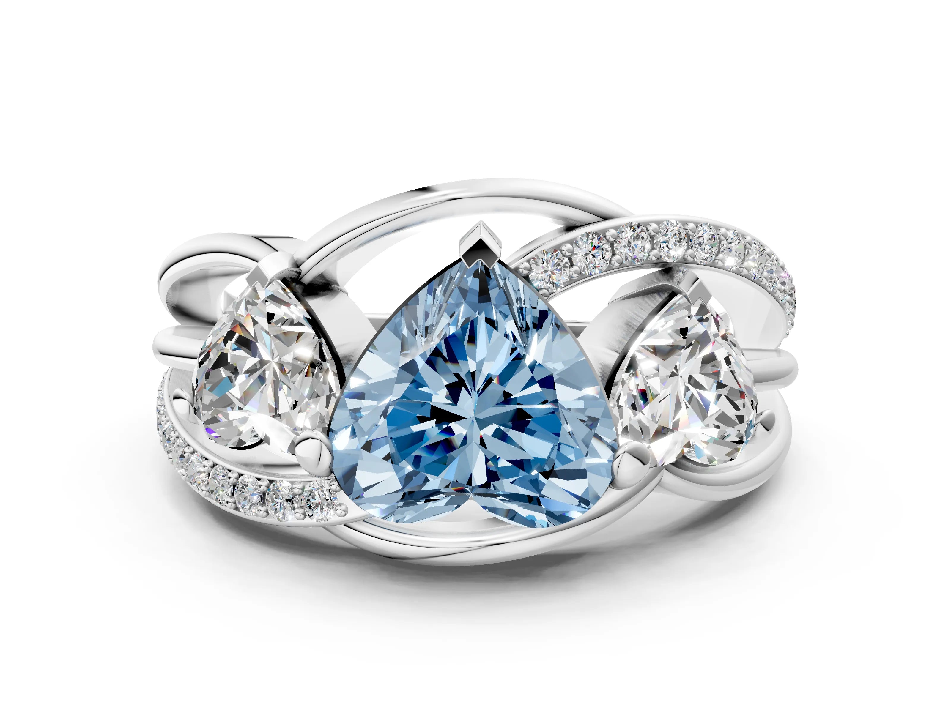 White gold Three-Stone Fancy Blue Heart Cut Cut Diamond Split Shank Prong Set Ring_12
