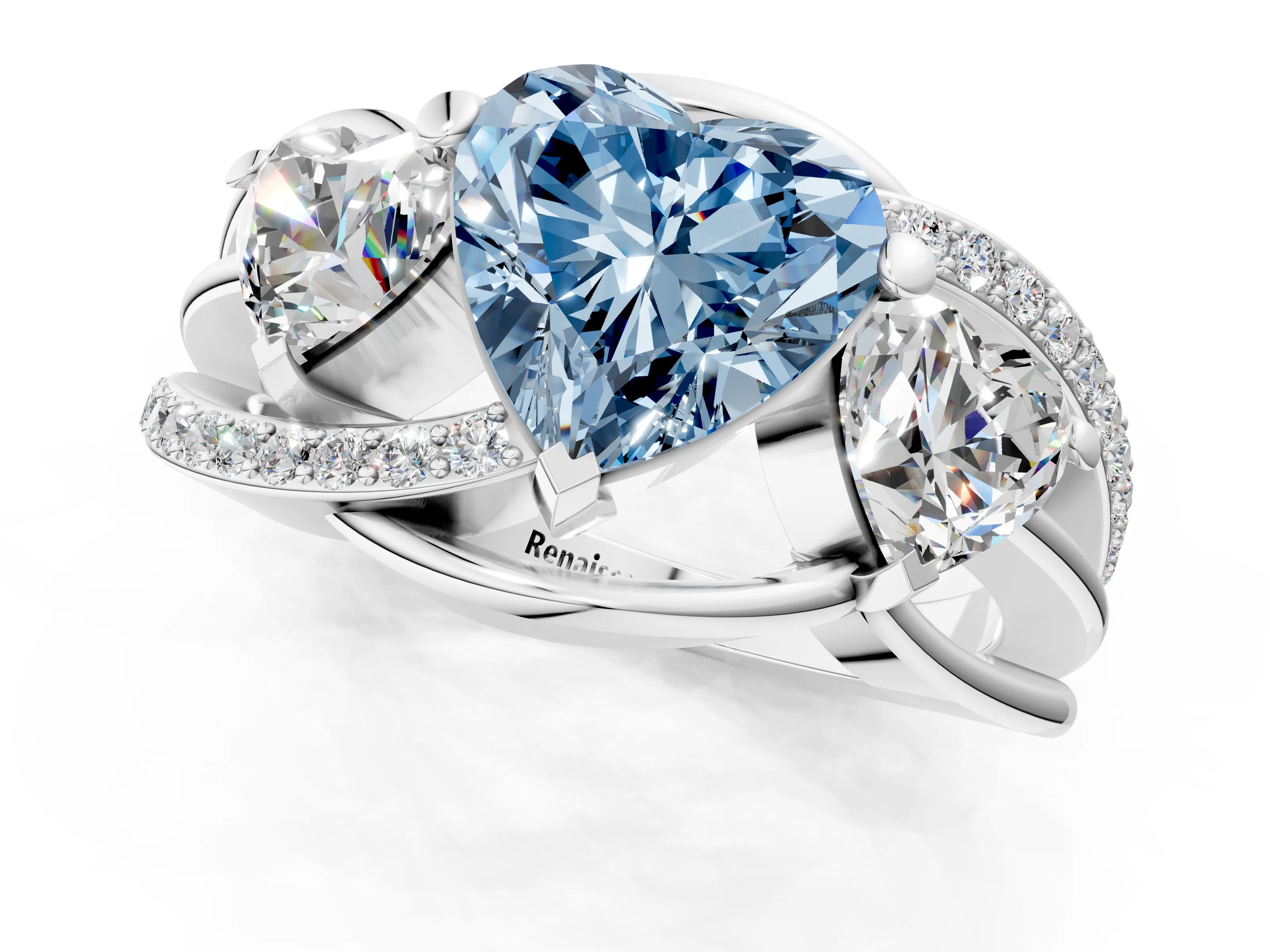 White gold Three-Stone Fancy Blue Heart Cut Cut Diamond Split Shank Prong Set Ring_13