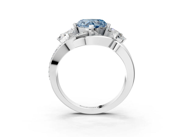 Platinum Three-Stone Fancy Blue Heart Cut Cut Diamond Split Shank Prong Set Ring