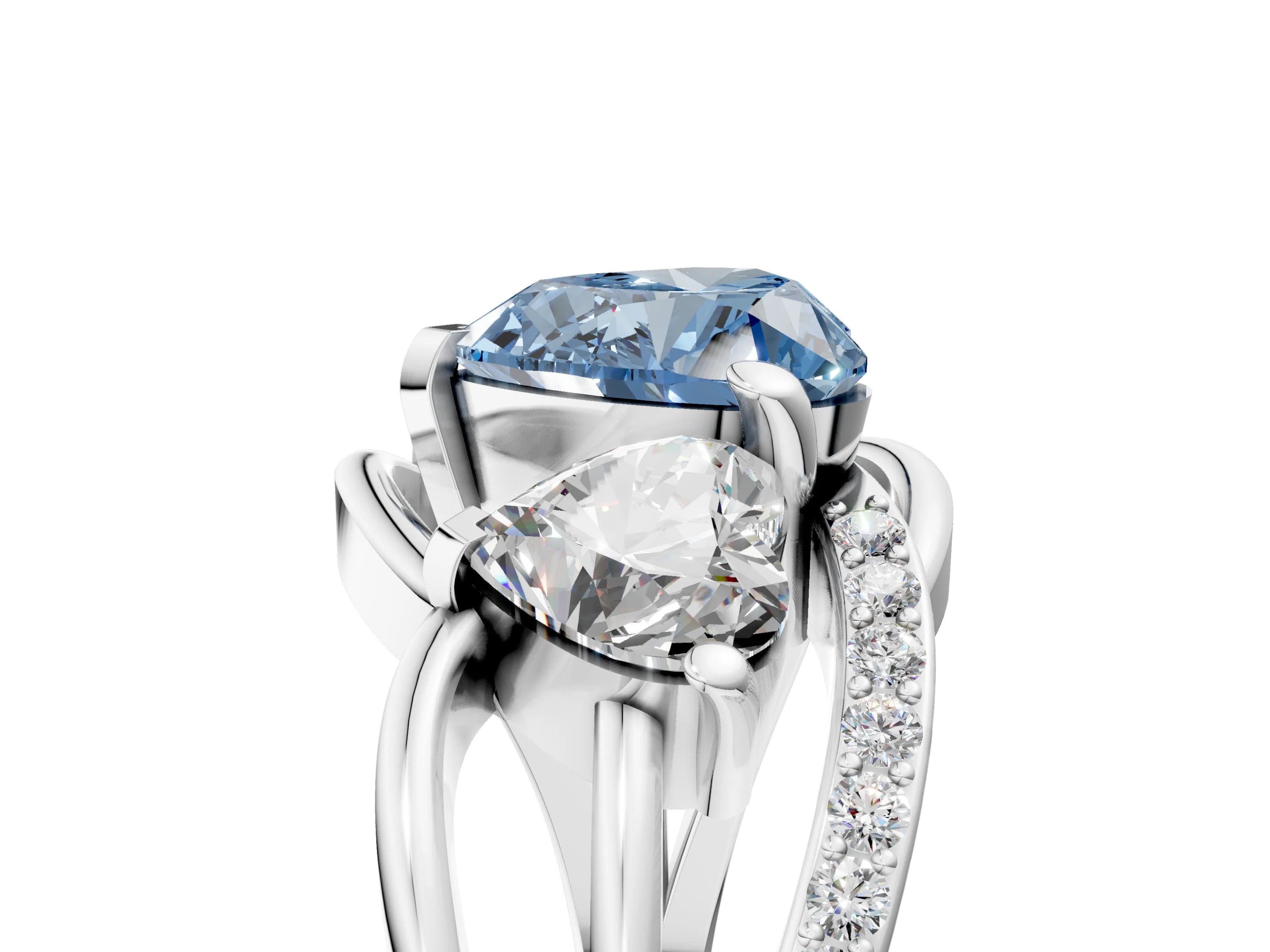White gold Three-Stone Fancy Blue Heart Cut Cut Diamond Split Shank Prong Set Ring_17