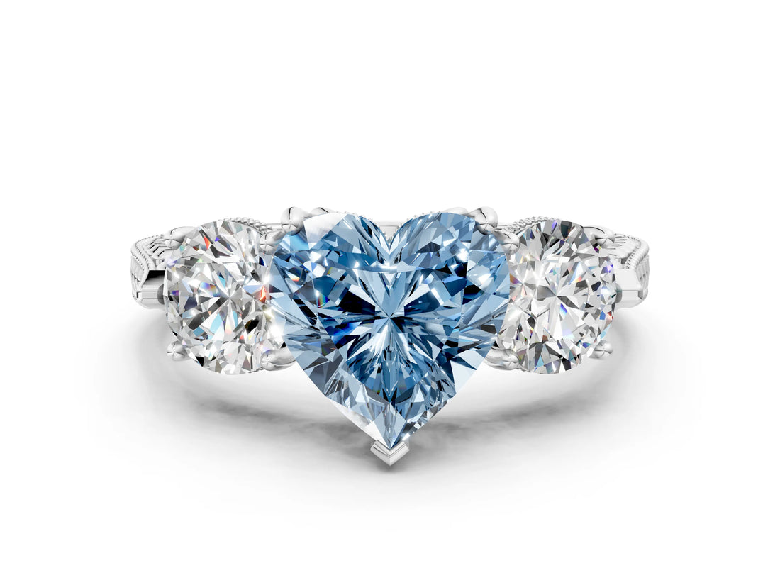 White gold Three-Stone Fancy Blue Heart Cut Cut Milgrain Band Prong Setting Ring_24