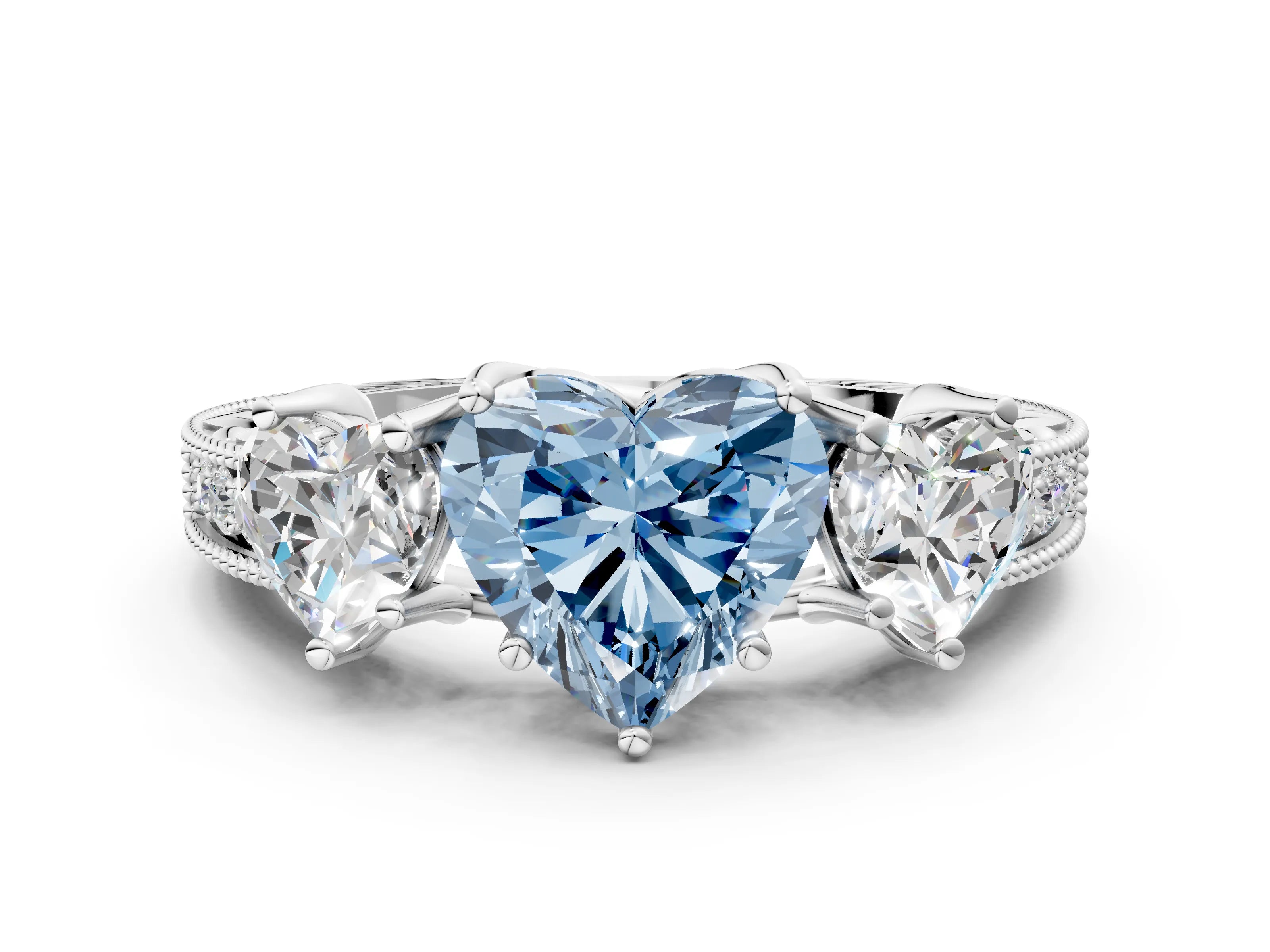 White gold Three-Stone Fancy Blue Heart Cut Cut Milgrain Pavé Engagement Ring_12
