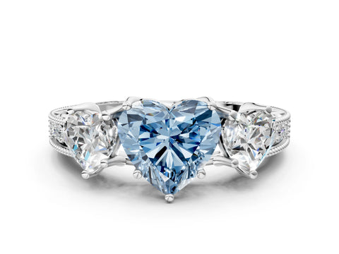White gold Three-Stone Fancy Blue Heart Cut Cut Milgrain Pavé Engagement Ring_12