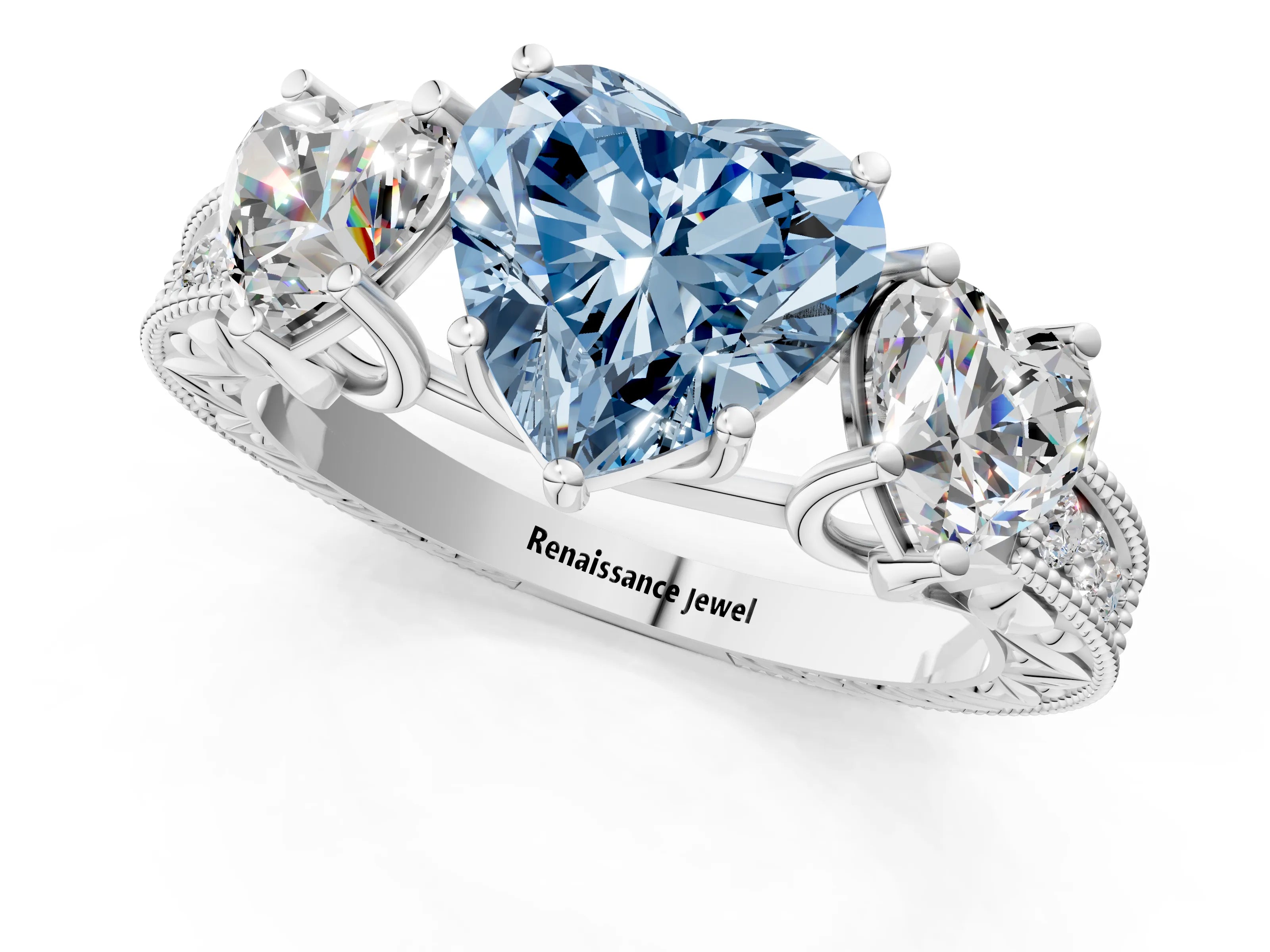 White gold Three-Stone Fancy Blue Heart Cut Cut Milgrain Pavé Engagement Ring_13