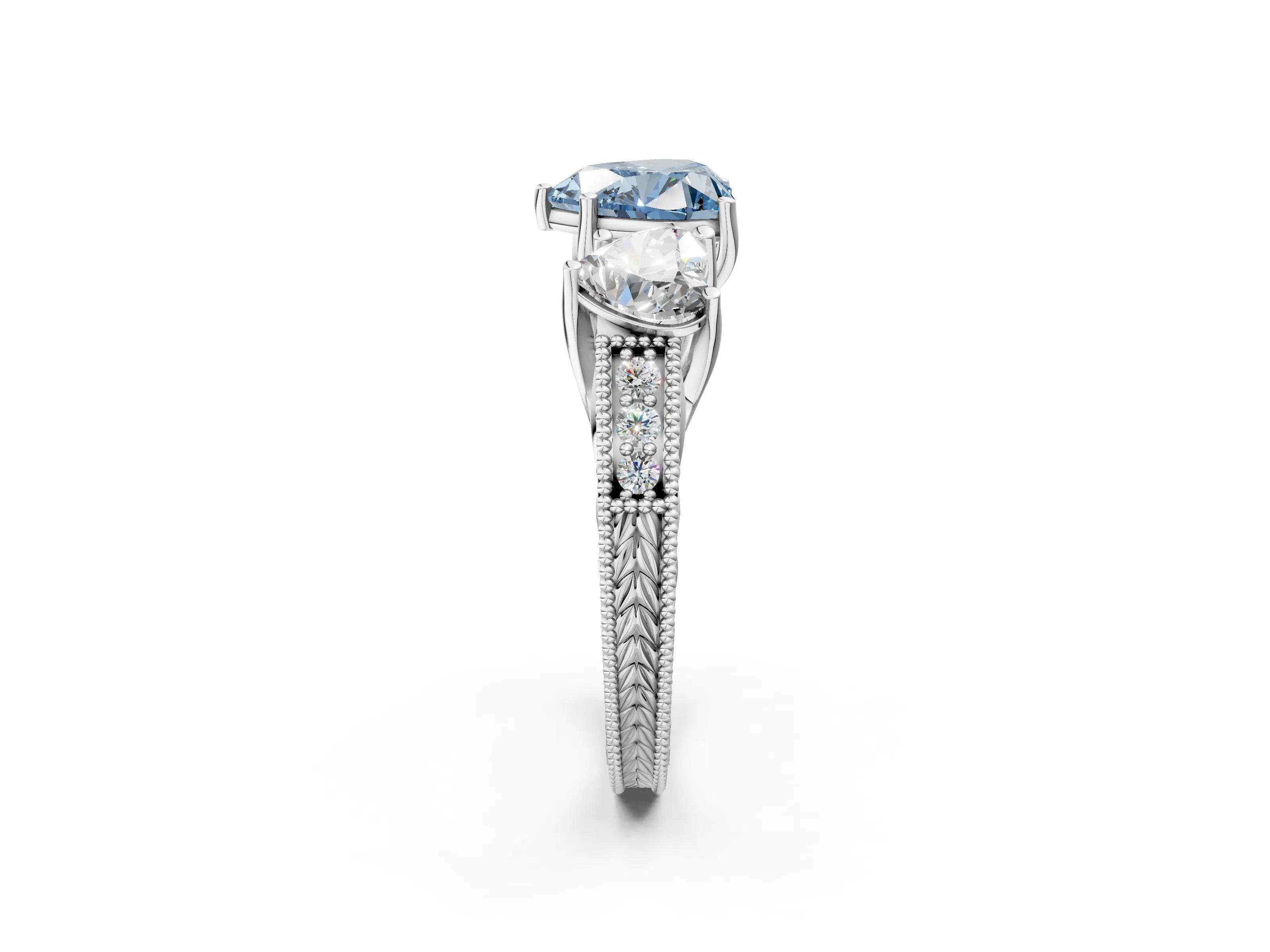 White gold Three-Stone Fancy Blue Heart Cut Cut Milgrain Pavé Engagement Ring_14