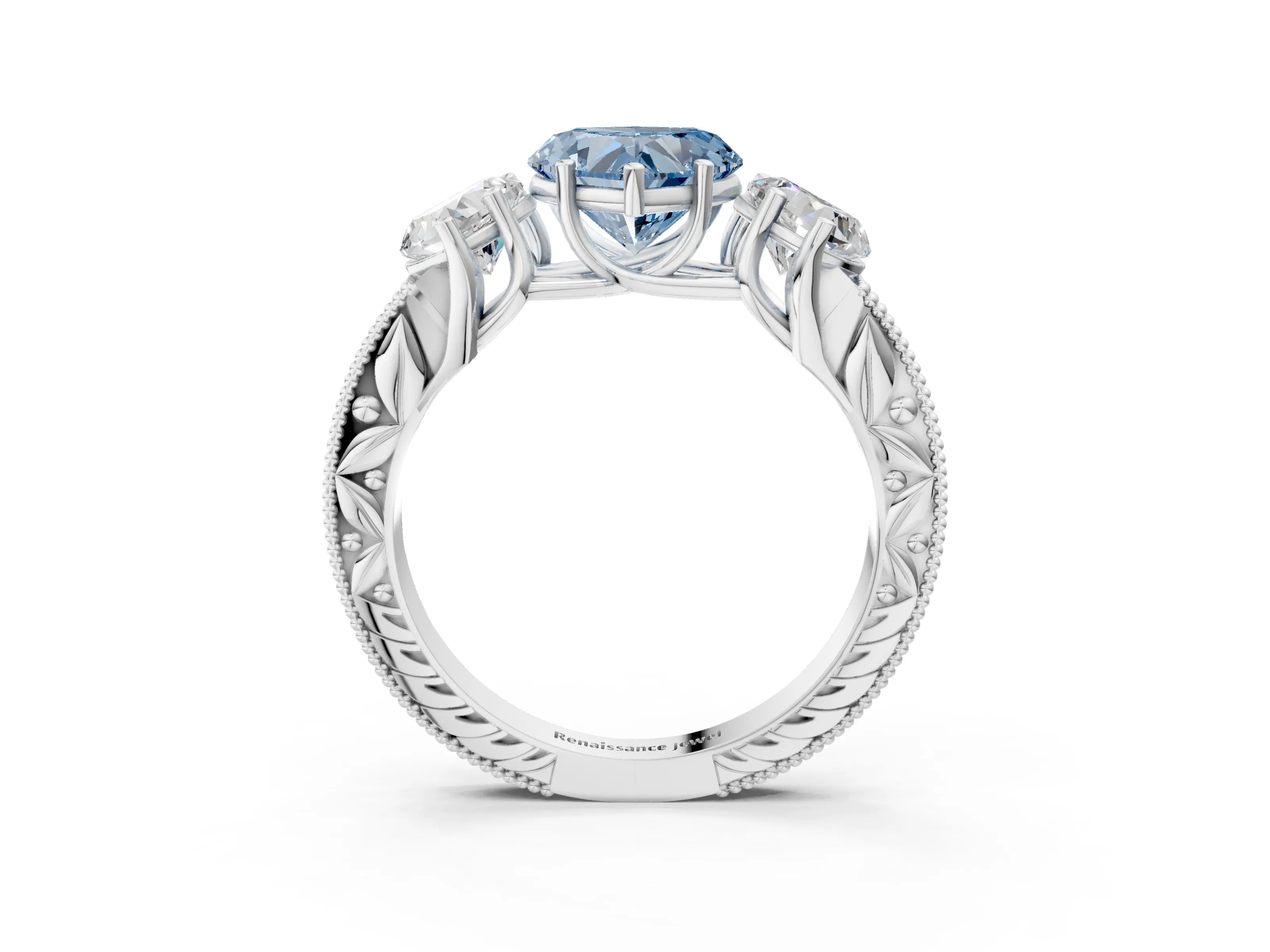 White gold Three-Stone Fancy Blue Heart Cut Cut Milgrain Pavé Engagement Ring_15