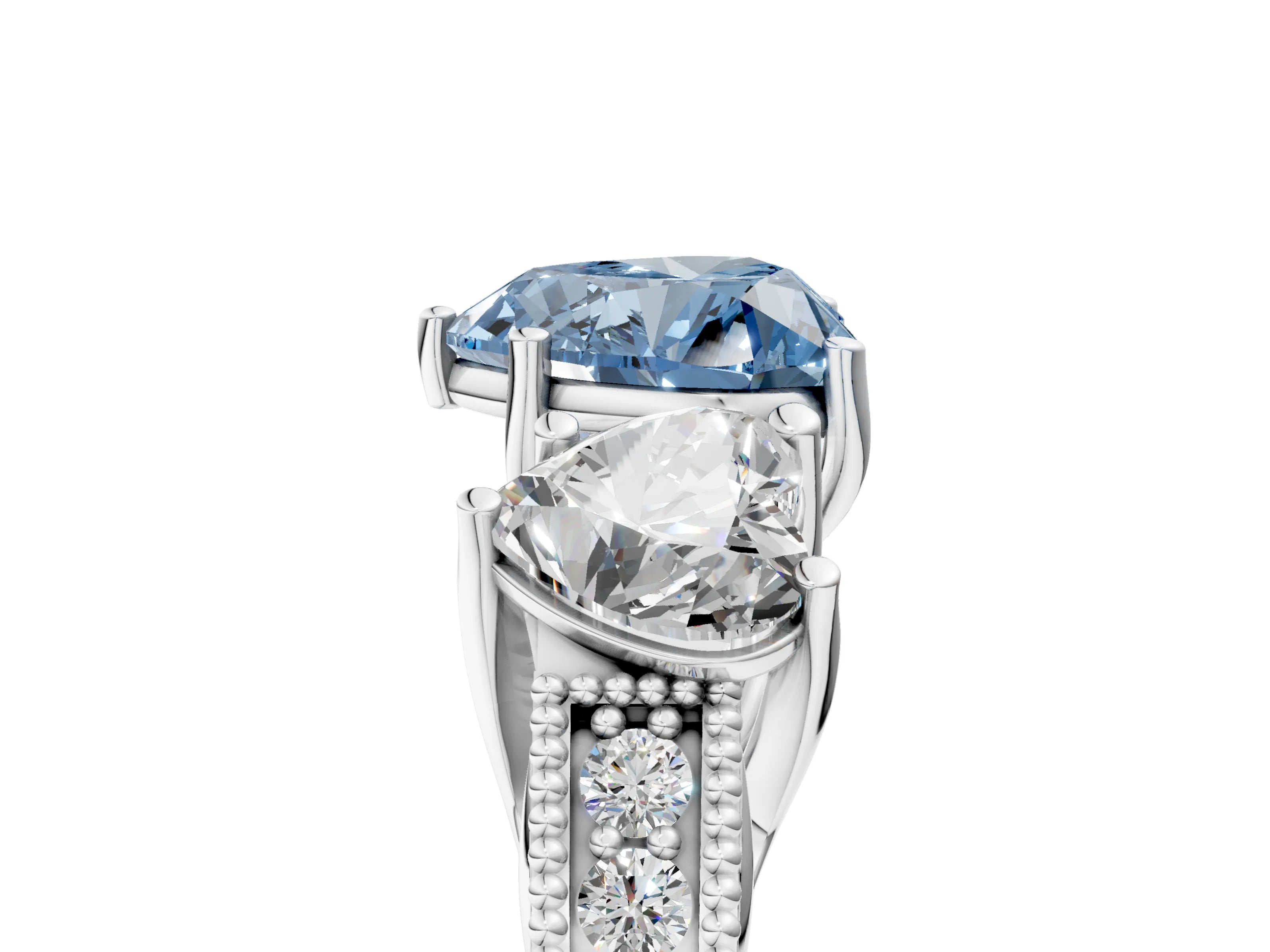 White gold Three-Stone Fancy Blue Heart Cut Cut Milgrain Pavé Engagement Ring_17