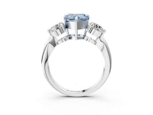 Platinum Three-Stone Fancy Blue Heart Cut Diamond Channel Set Engagement Ring with Prong Setting