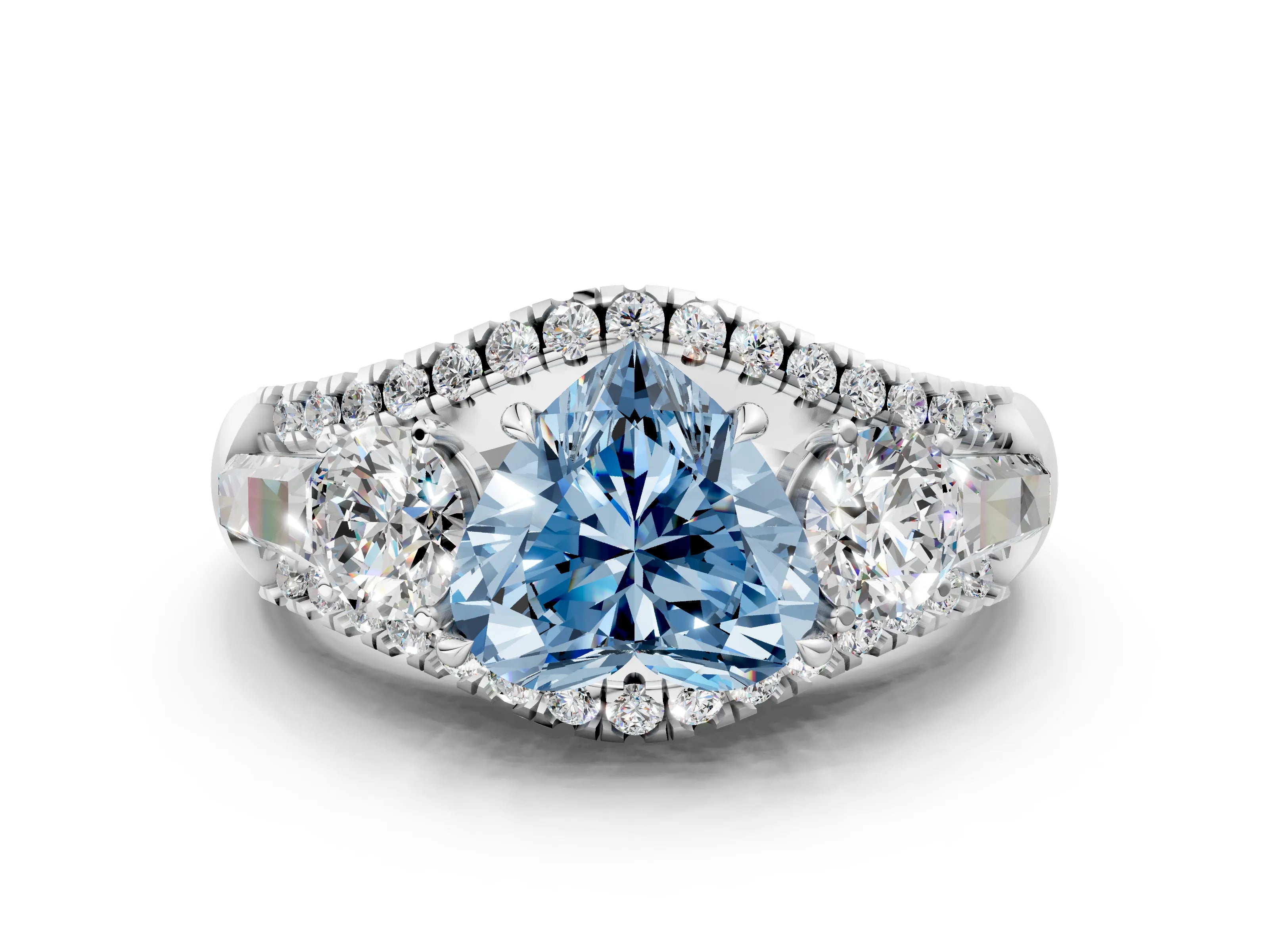 White gold Three-Stone Fancy Blue Heart Cut Diamond Engagement Ring with Pave Band and Prong Setting_12