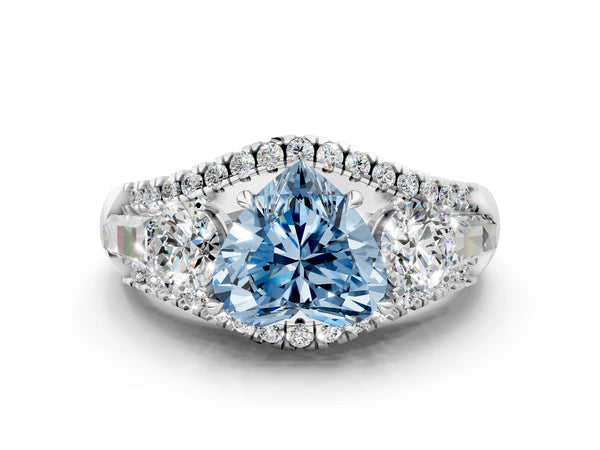 White gold Three-Stone Fancy Blue Heart Cut Diamond Engagement Ring with Pave Band and Prong Setting