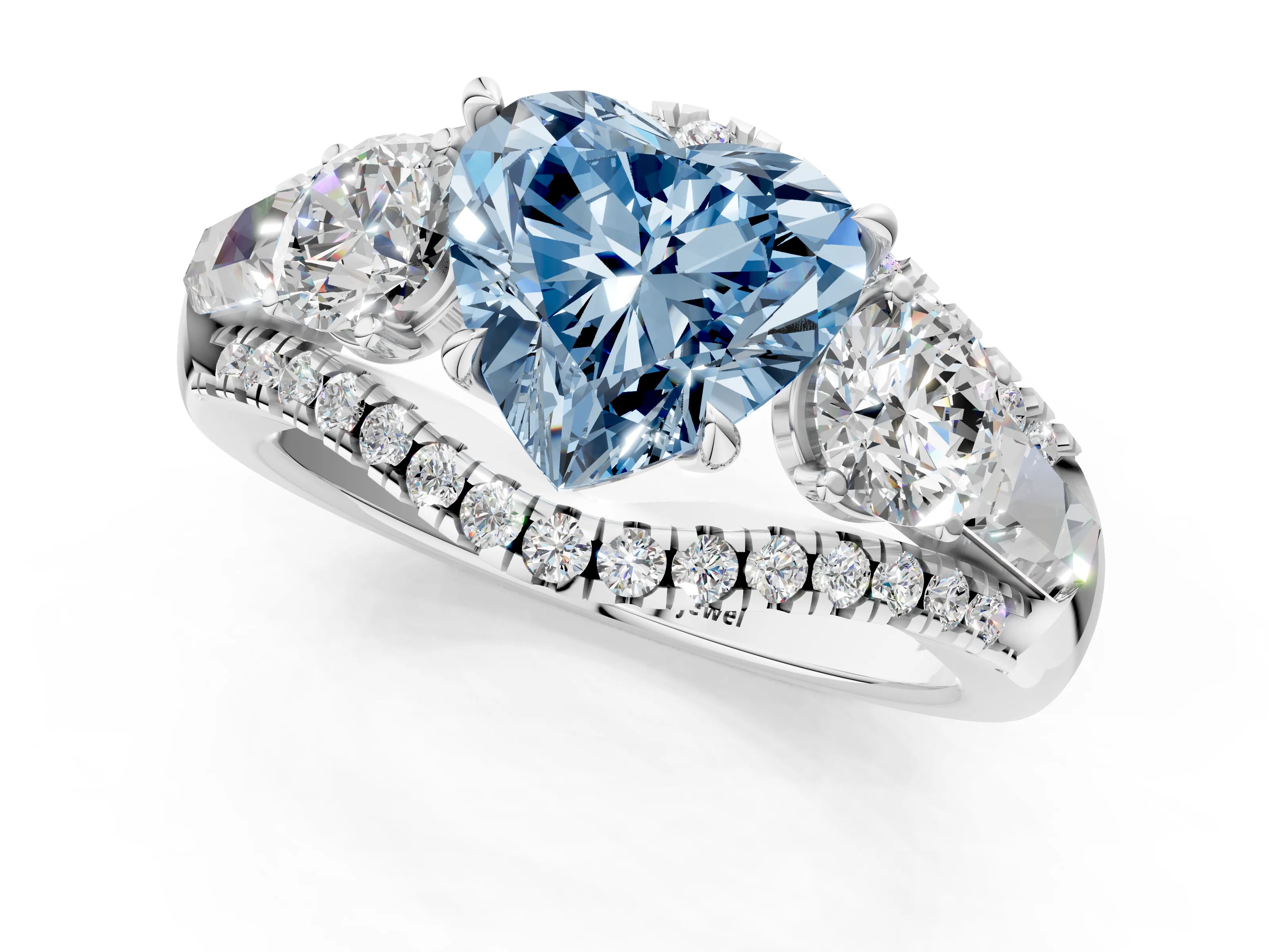 White gold Three-Stone Fancy Blue Heart Cut Diamond Engagement Ring with Pave Band and Prong Setting_13