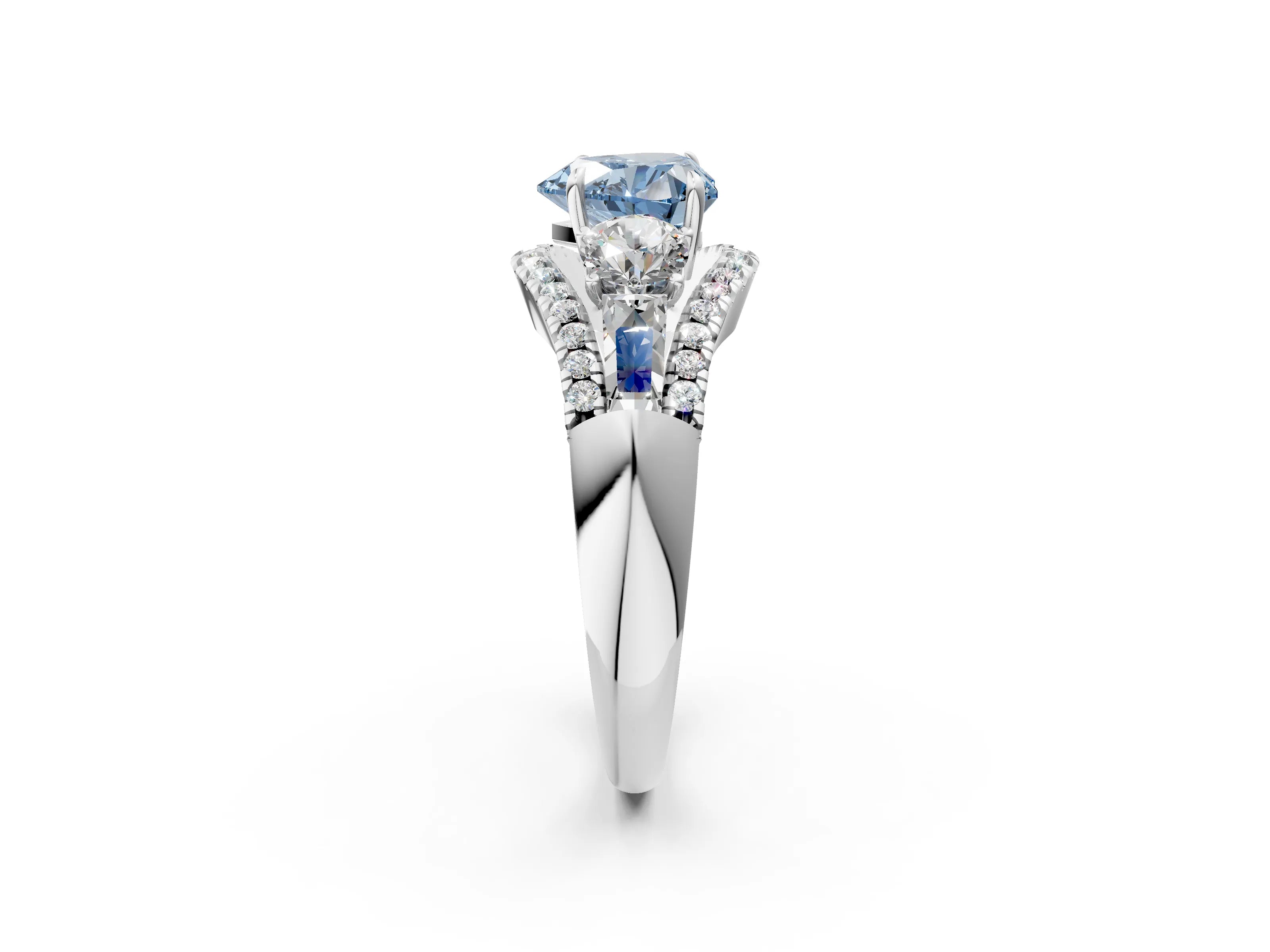 White gold Three-Stone Fancy Blue Heart Cut Diamond Engagement Ring with Pave Band and Prong Setting_14