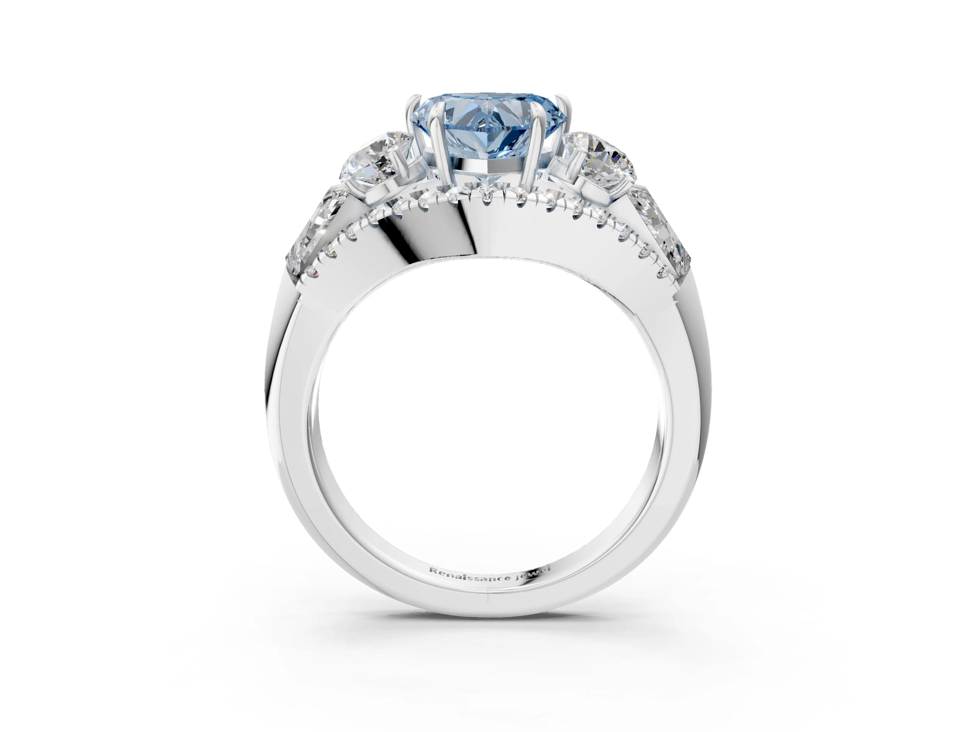 White gold Three-Stone Fancy Blue Heart Cut Diamond Engagement Ring with Pave Band and Prong Setting_15