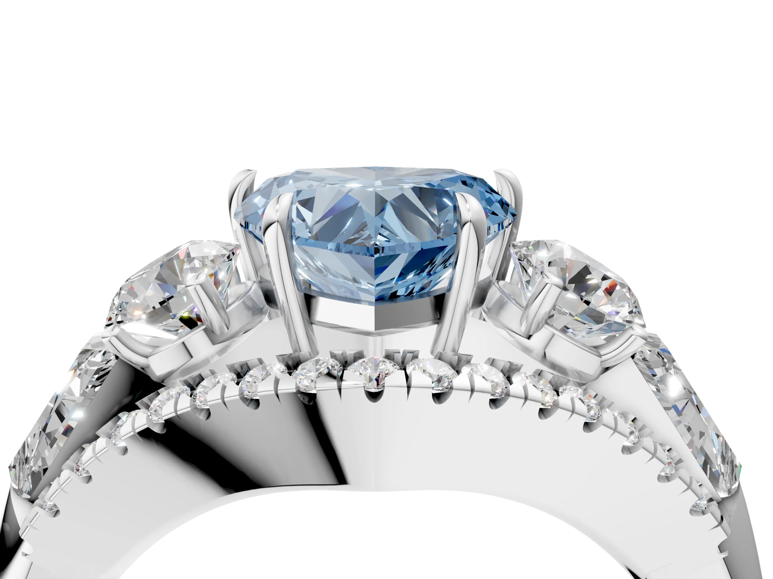 White gold Three-Stone Fancy Blue Heart Cut Diamond Engagement Ring with Pave Band and Prong Setting_16