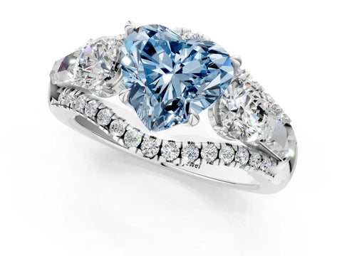 White gold Three-Stone Fancy Blue Heart Cut Diamond Engagement Ring with Pave Band and Prong Setting_1