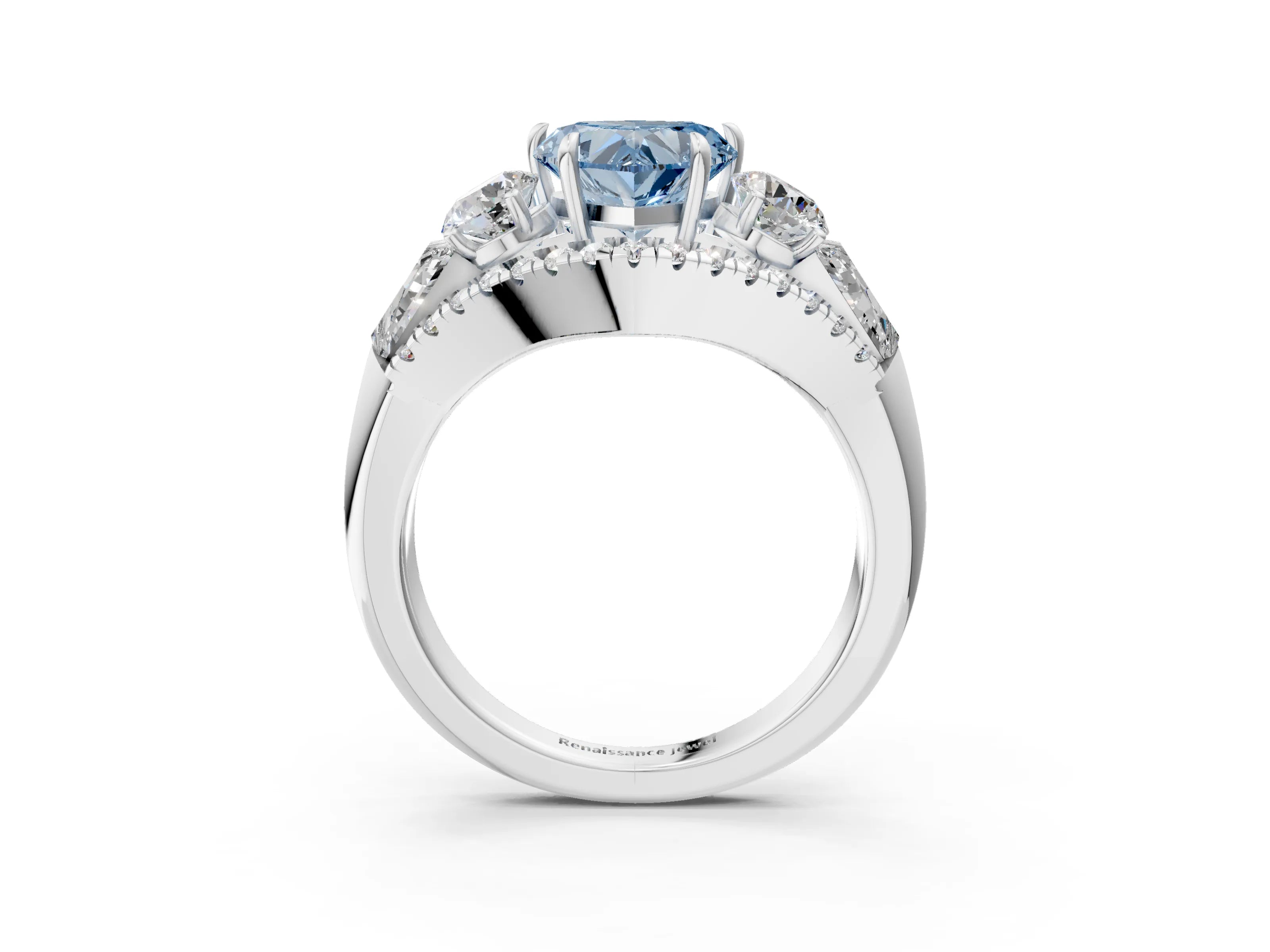 White gold Three-Stone Fancy Blue Heart Cut Diamond Engagement Ring with Pave Band and Prong Setting_3