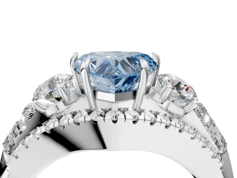White gold Three-Stone Fancy Blue Heart Cut Diamond Engagement Ring with Pave Band and Prong Setting_4