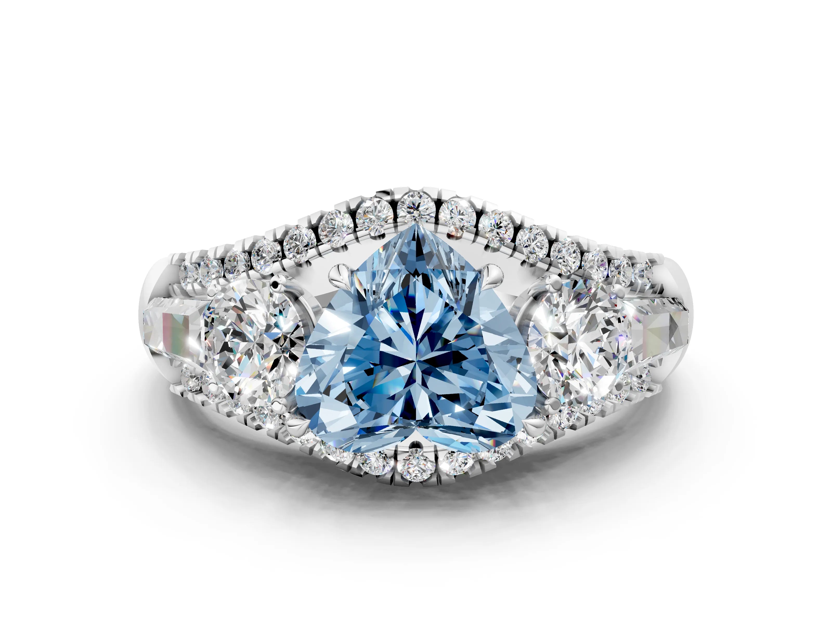 White gold Three-Stone Fancy Blue Heart Cut Diamond Engagement Ring with Pave Band and Prong Setting