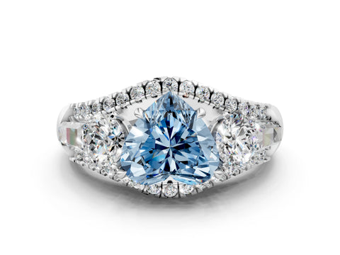 White gold Three-Stone Fancy Blue Heart Cut Diamond Engagement Ring with Pave Band and Prong Setting