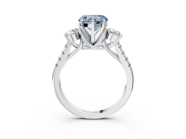 Platinum Three-Stone Fancy Blue Heart Cut Diamond Pavé Band with Four-Prong Setting