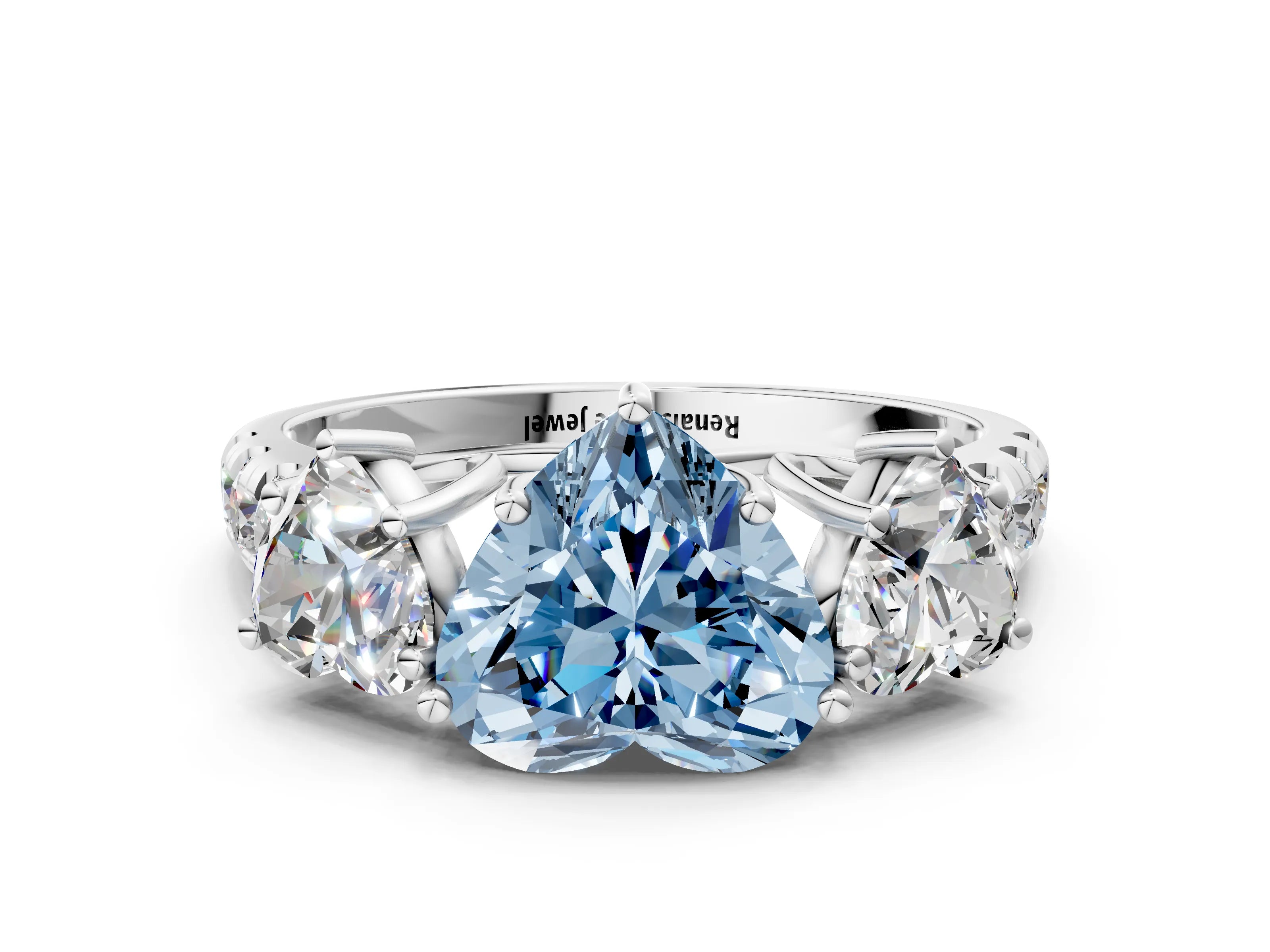 White gold Three-Stone Fancy Blue Heart Cut Diamond Pavé Band with Prong Setting_12
