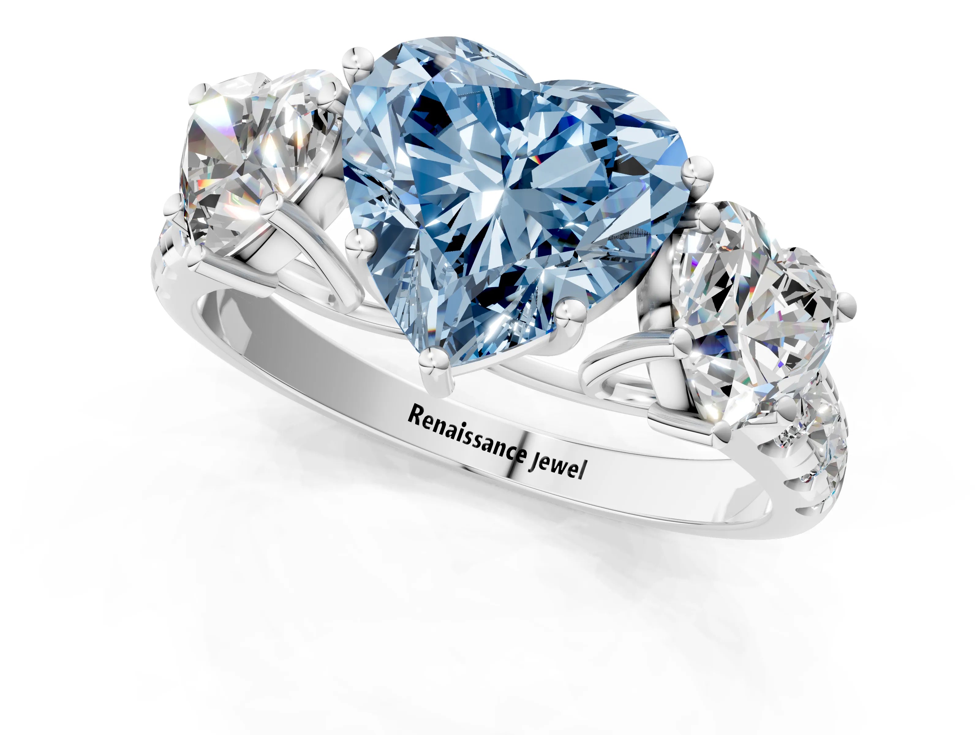 White gold Three-Stone Fancy Blue Heart Cut Diamond Pavé Band with Prong Setting_13