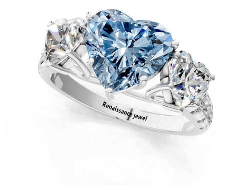 White gold Three-Stone Fancy Blue Heart Cut Diamond Pavé Band with Prong Setting_13