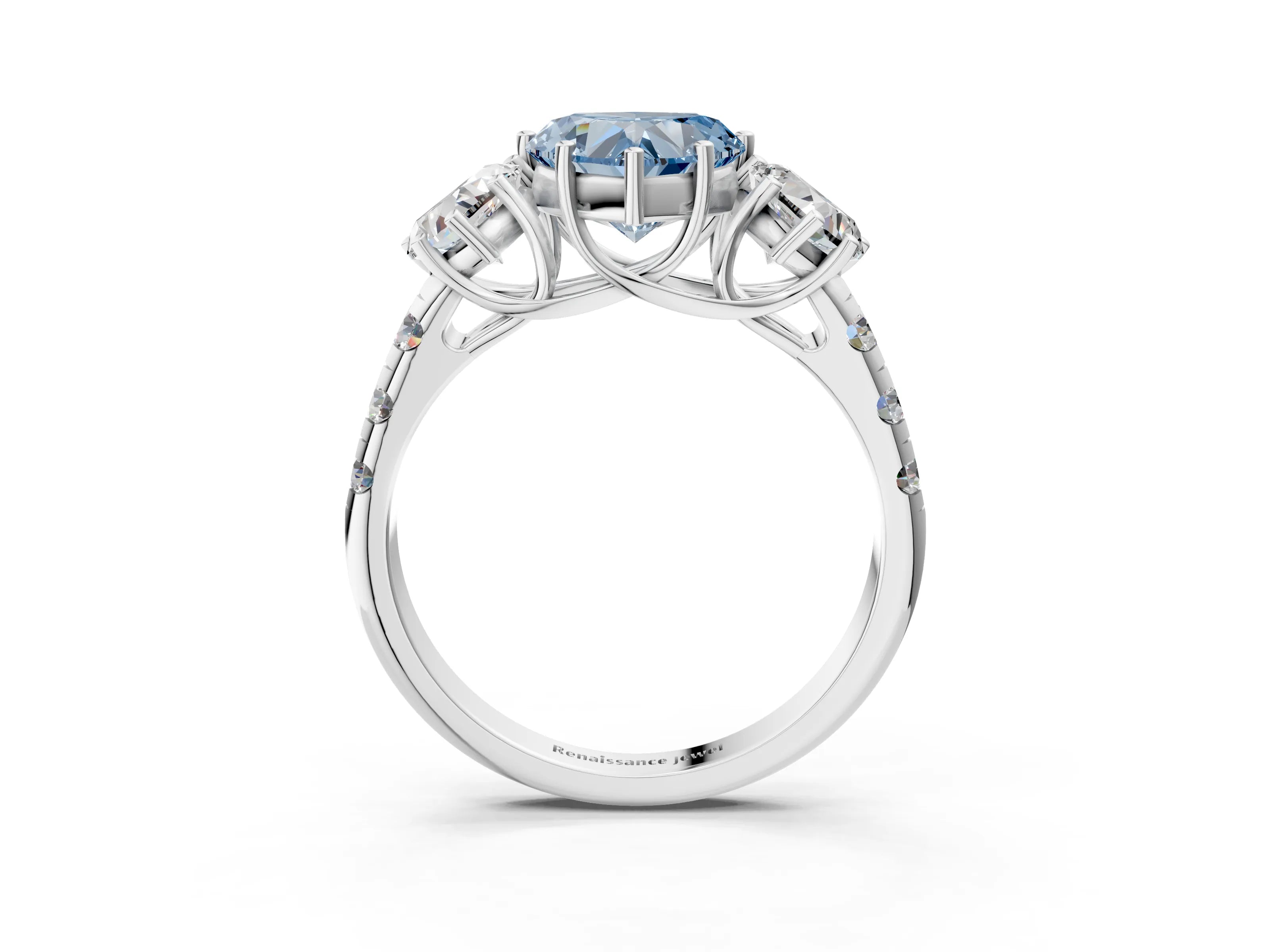 White gold Three-Stone Fancy Blue Heart Cut Diamond Pavé Band with Prong Setting_15