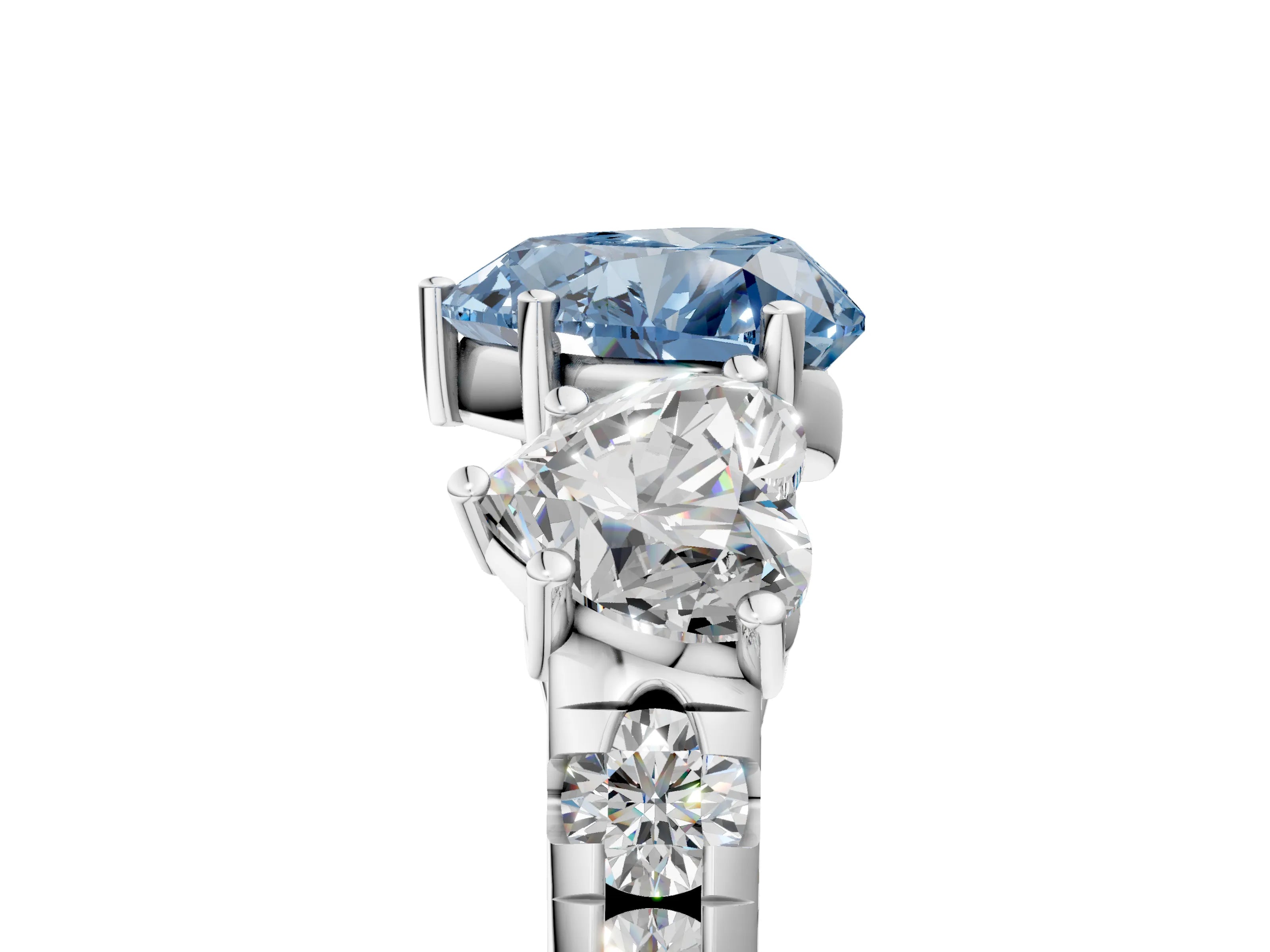 White gold Three-Stone Fancy Blue Heart Cut Diamond Pavé Band with Prong Setting_17