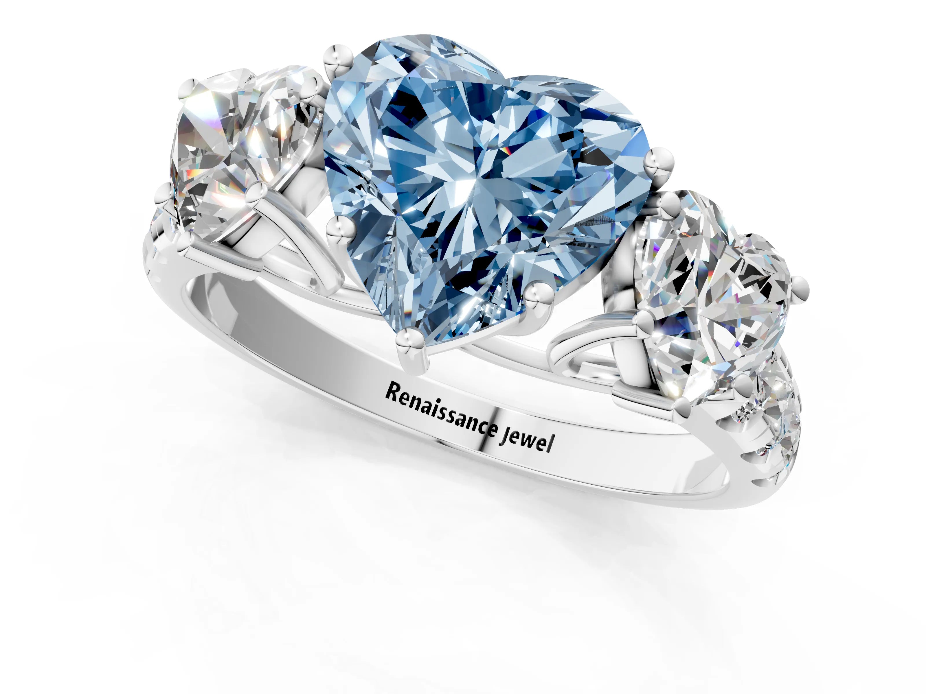 White gold Three-Stone Fancy Blue Heart Cut Diamond Pavé Band with Prong Setting_1