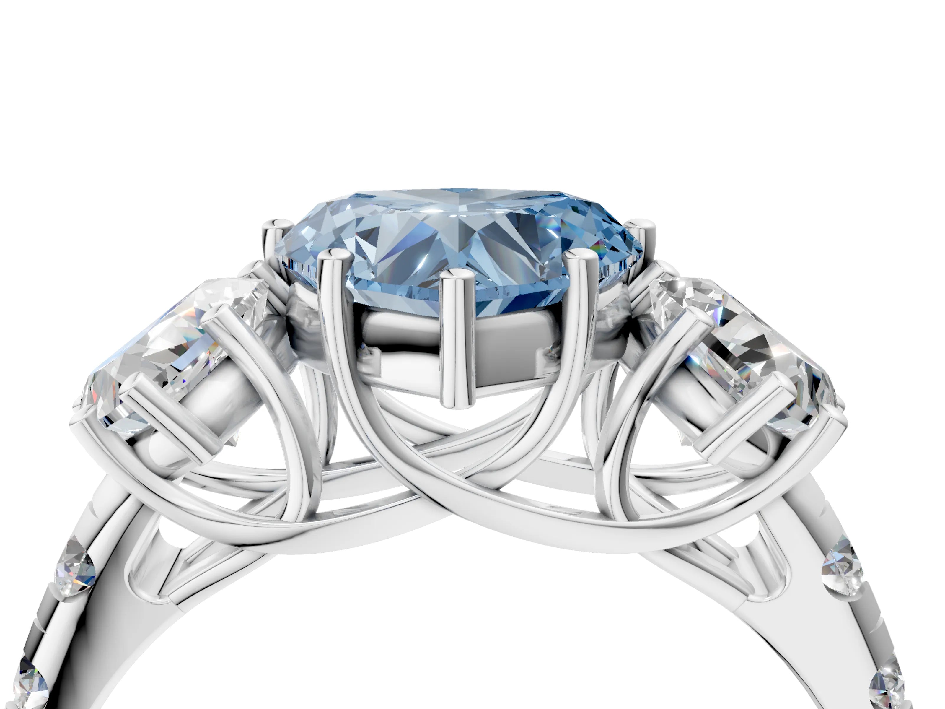 White gold Three-Stone Fancy Blue Heart Cut Diamond Pavé Band with Prong Setting_4