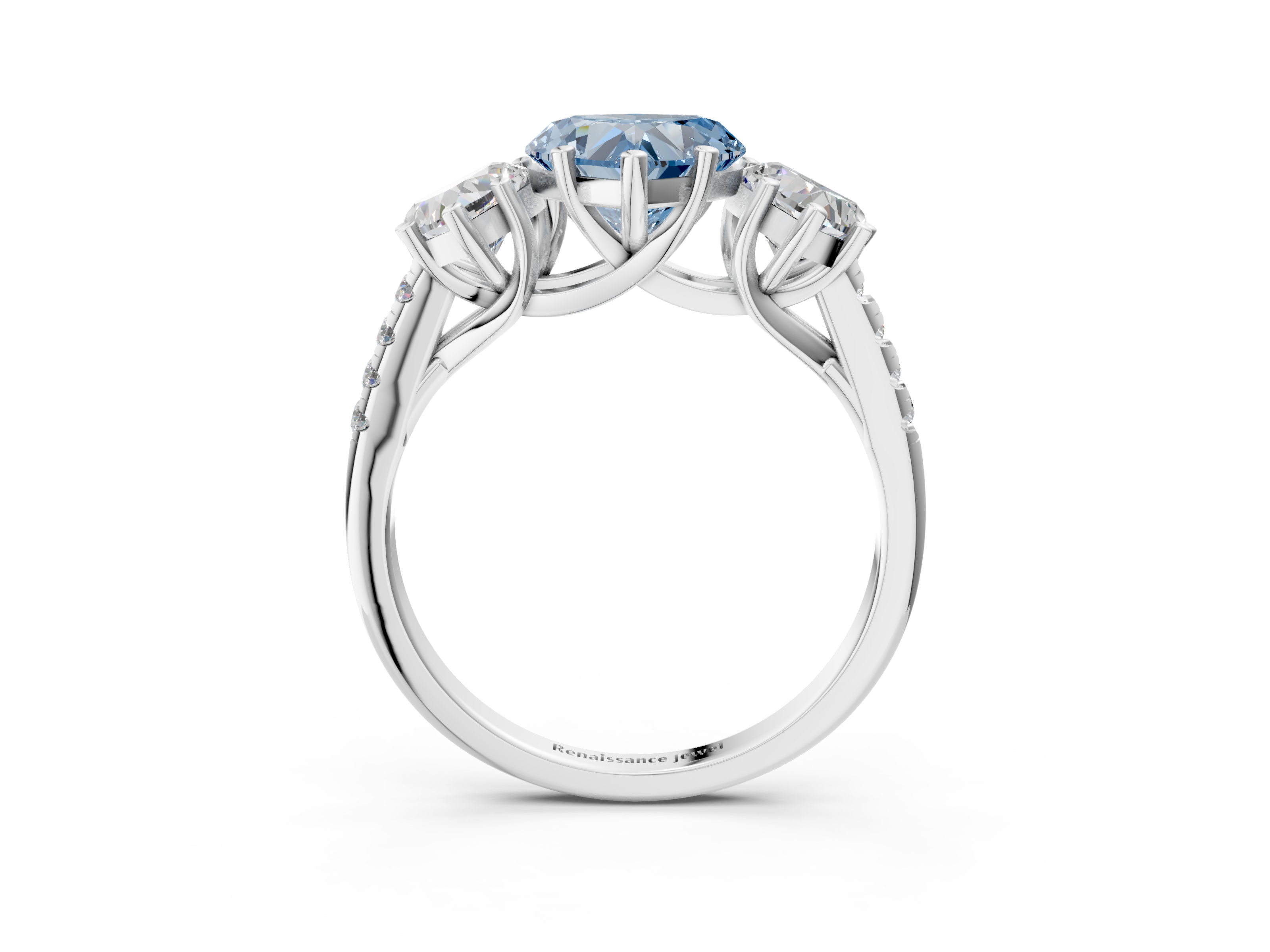 White gold Three-Stone Fancy Blue Heart  Cut Diamond Ring with Pavé Band and Prong Setting_43