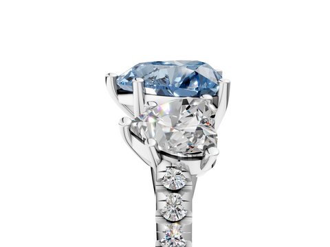 White gold Three-Stone Fancy Blue Heart  Cut Diamond Ring with Pavé Band and Prong Setting_45