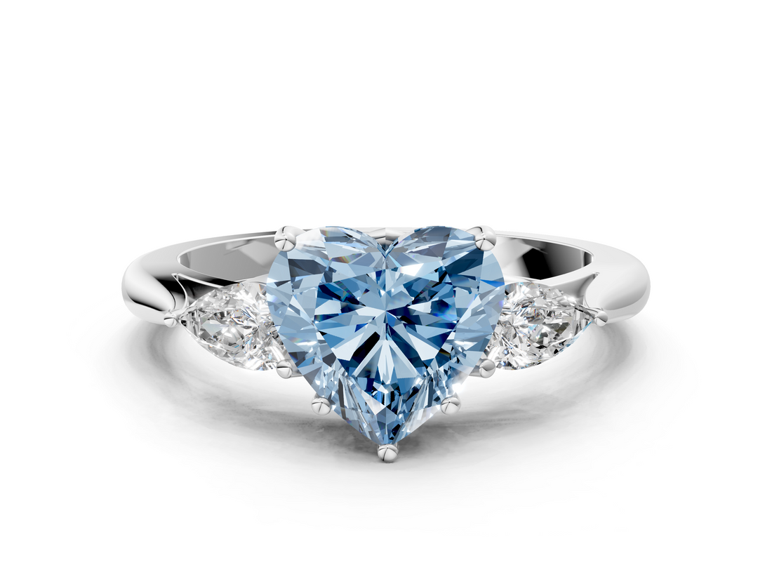 White gold Three-Stone Fancy Blue Heart  Cut Diamond Ring with Pear Side Stones in Four-Prong Setting_116