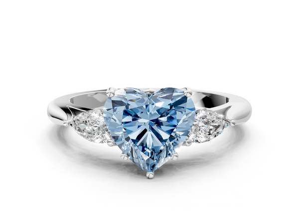 White gold Three-Stone Fancy Blue Heart  Cut Diamond Ring with Pear Side Stones in Four-Prong Setting